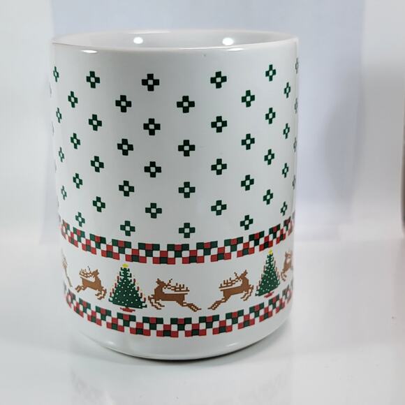 Vintage Christmas Mug Retro Reindeer Tree Print Holiday Coffee Cup - Picture 5 of 10